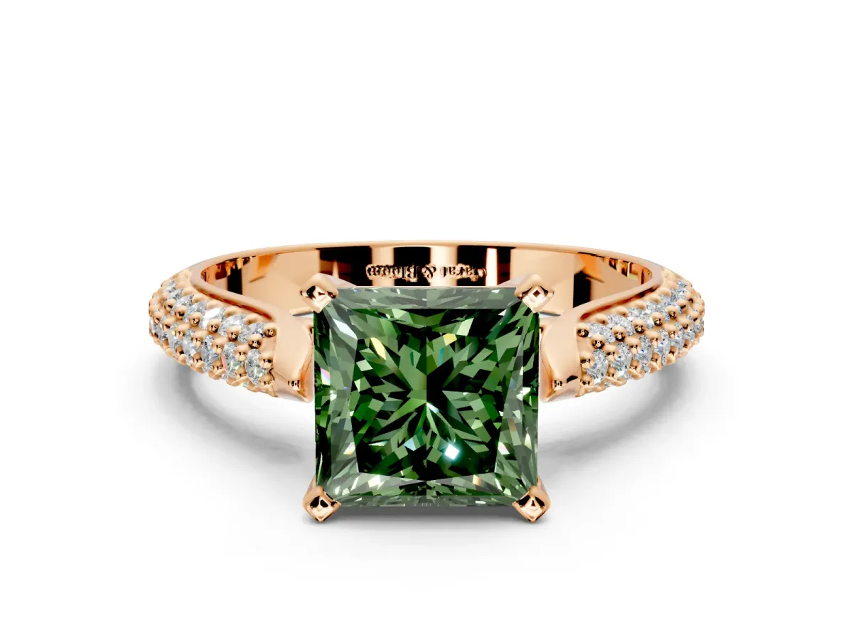 Solitaire Engagement Ring Setting for Fancy Green Princess Cut Center with Multi-Row Accents and Prong Head in Rose Gold
