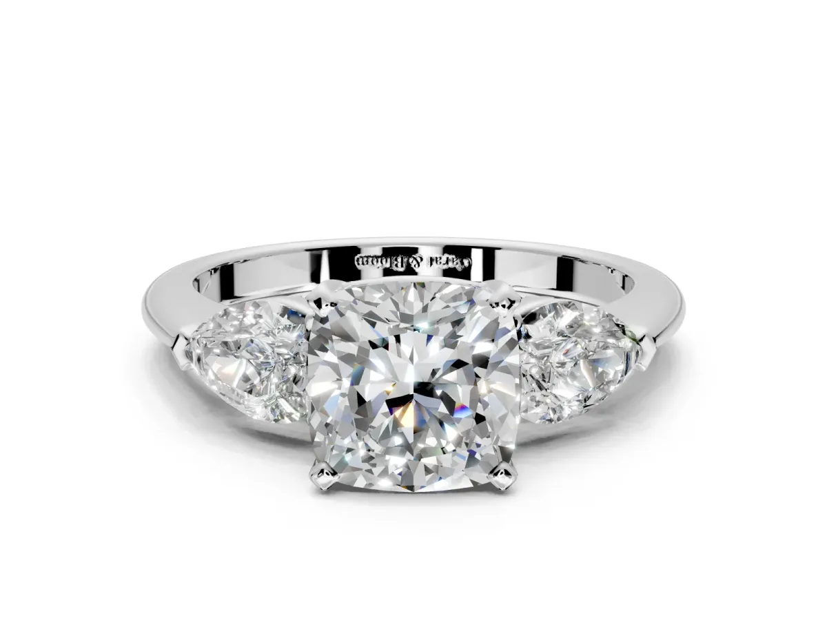 3 Stone Engagement Ring Setting for Cushion Cut Center with Large Pear-Shaped Accents and Prong Head in Platinum