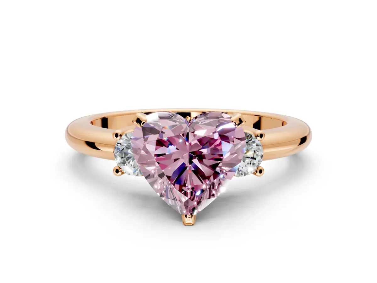 3 Stone Engagement Ring Setting for Fancy Pink Heart-Shaped Center with Wide Plain Band and Prong Head in Rose Gold