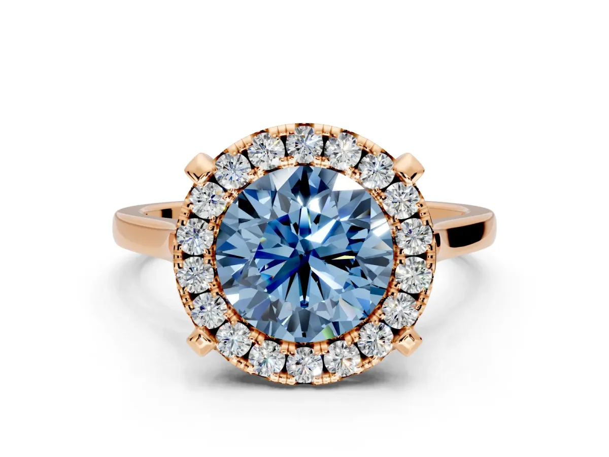Single Halo Engagement Ring Setting for Fancy Blue Round Cut Center with Corner Claws, Plain Band and Prong Head in Rose Gold