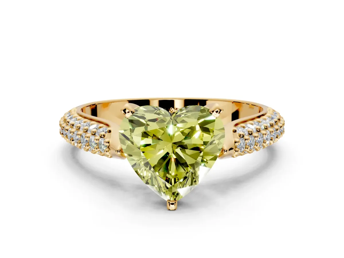 Solitaire Engagement Ring Setting for Fancy Yellow Heart-Shaped Center with Multi-Row Accents and Prong Head in Yellow Gold