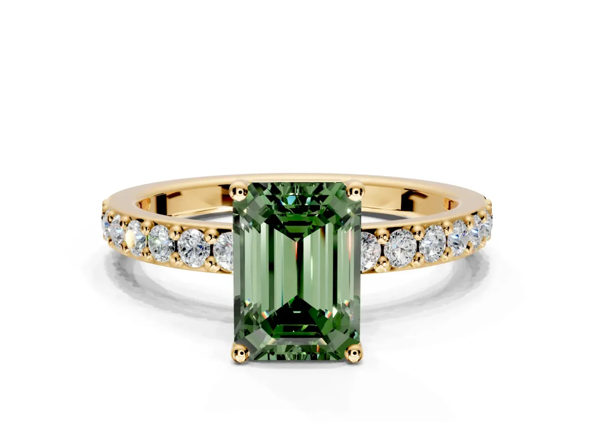 Solitaire Engagement Ring Setting for Fancy Green Emerald Cut Center with Round Cut Pave Band and Prong Head in Yellow Gold