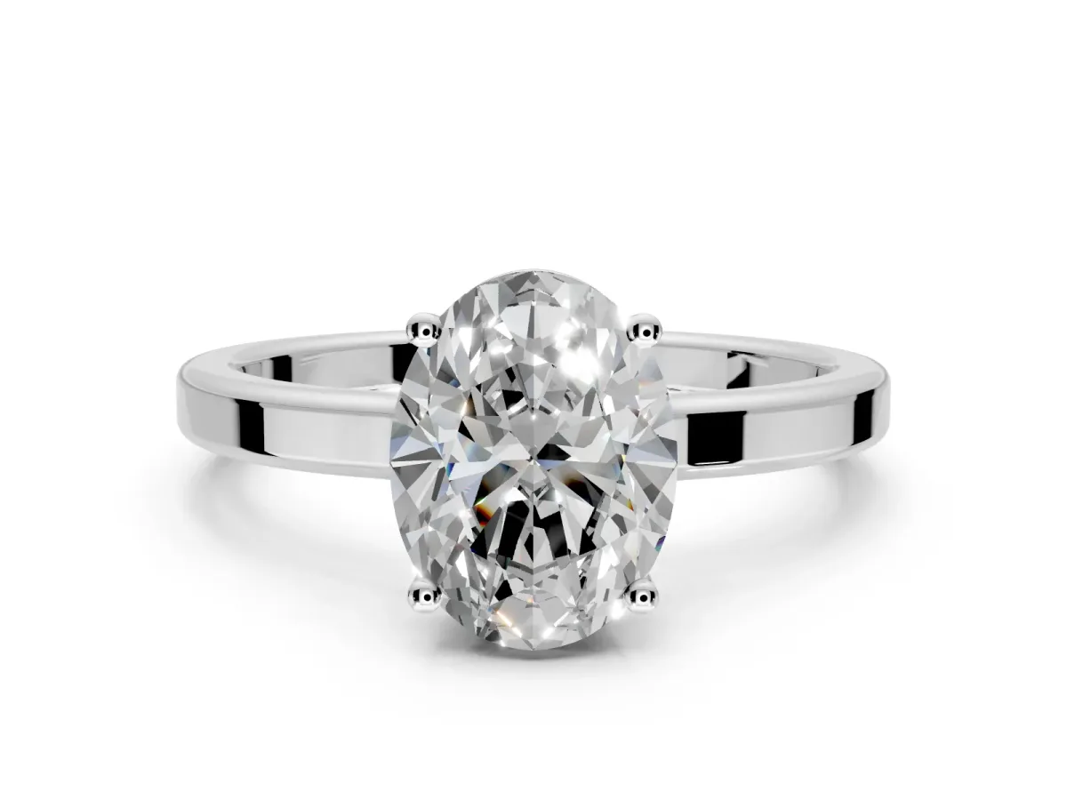 Hidden Halo Engagement Ring Setting for Oval Center with Wide Flat Plain Band and Prong Head in Platinum