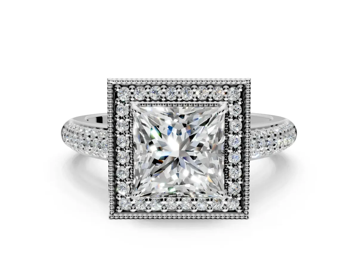 Milgrain Halo Engagement Ring Setting for Princess Cut Center with Three-Sided Pave Band and Prong Head in Platinum
