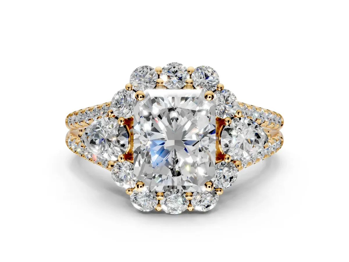 Halo Engagement Ring Setting for Radiant Cut Center with Two-Strand Split Shank and Prong Head in Yellow Gold