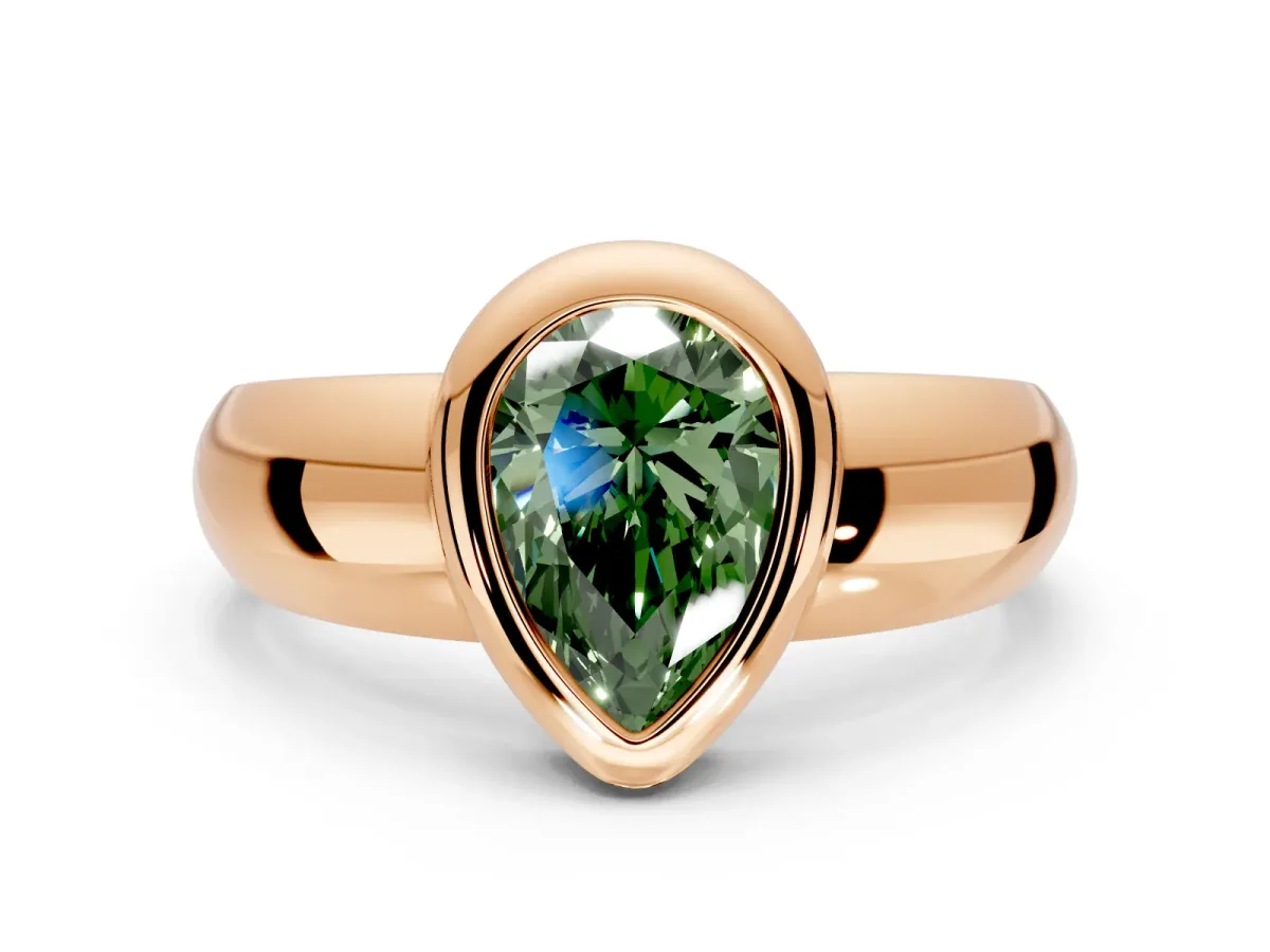 Solitaire Engagement Ring Setting for Fancy Green Pear-Shaped Center with Wide Band and Bezel Head in Rose Gold