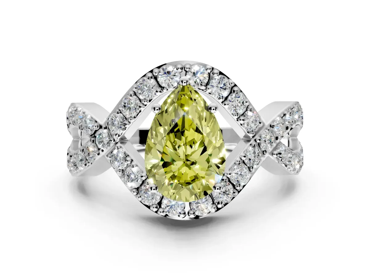 Halo Engagement Ring Setting for Fancy Yellow Pear-Shaped Center with Pave Infinity Twist Band and Prong Head in White Gold