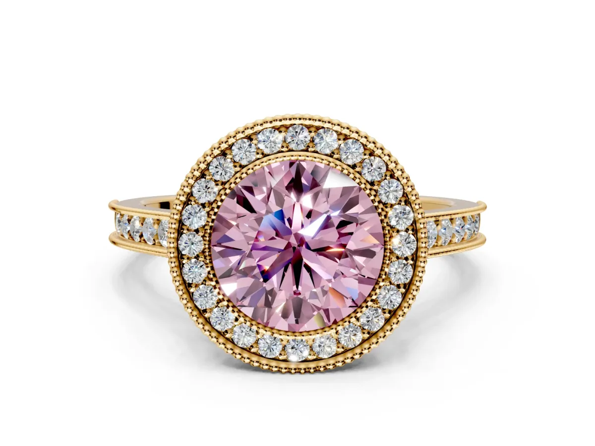 Halo Engagement Ring Setting for Fancy Pink Round Cut Center with Milgrain Pave Band and Bezel Head in Yellow Gold