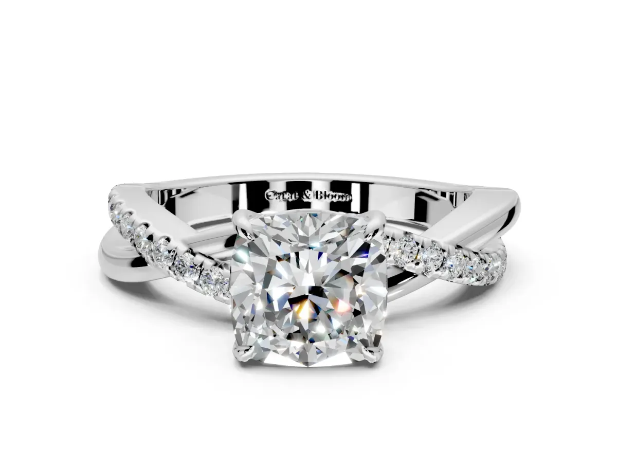 Crossover Engagement Ring Setting for Cushion Cut Center with Pave and Plain Strands and Prong Head in Platinum