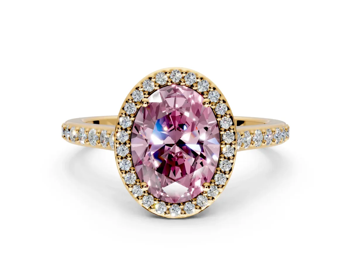 Halo Engagement Ring Setting for Fancy Pink Oval Center with Pave Accents, Heart Basket and Prong Head in Yellow Gold