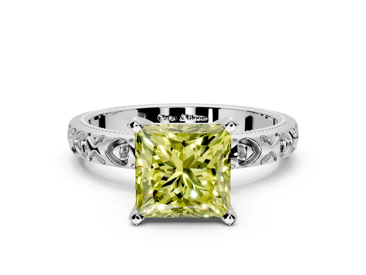Solitaire Engagement Ring Setting for Fancy Yellow Princess Cut Center with XO Engraved Band and Prong Head in Platinum