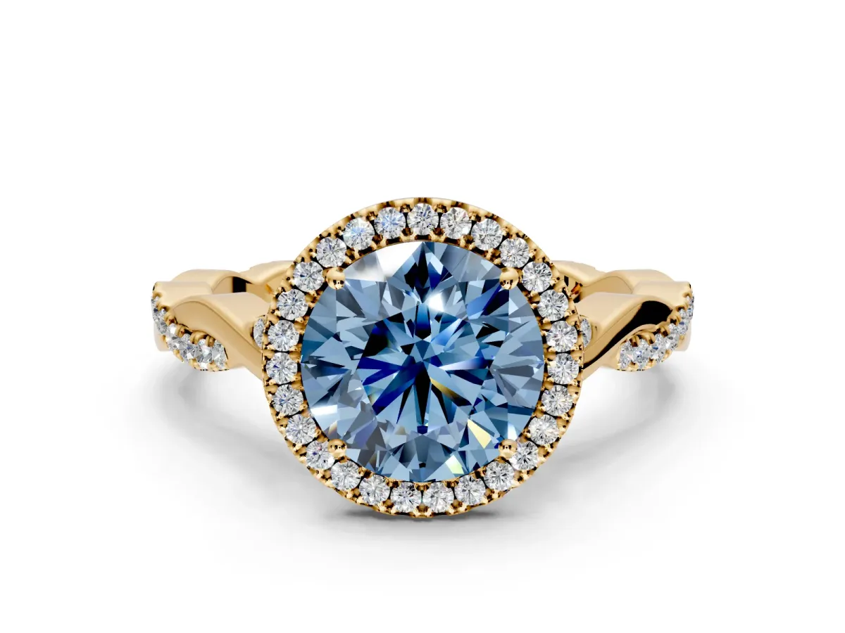 Halo Engagement Ring Setting for Fancy Blue Round Cut Center with Twist Band and Prong Head in Yellow Gold