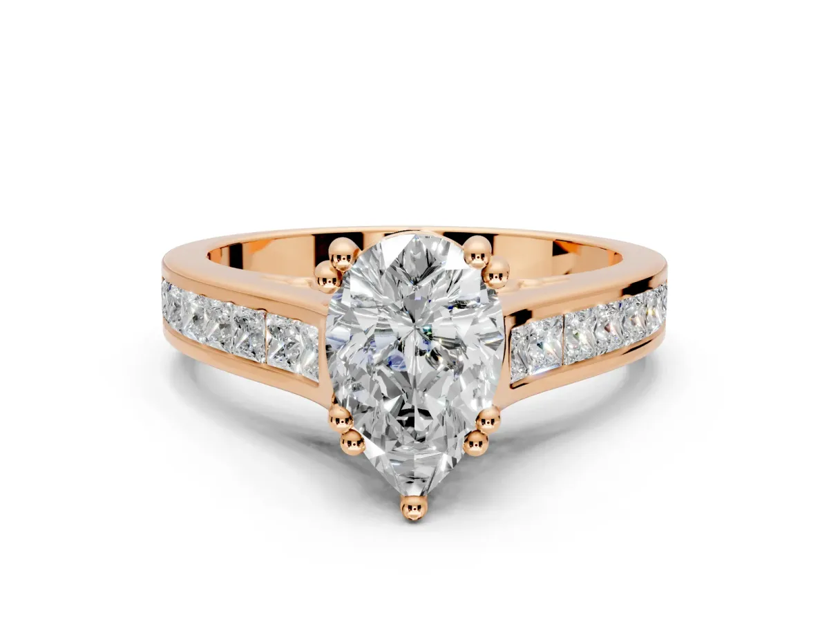 Solitaire Engagement Ring Setting for Pear-Shaped Center with Channel Band and Double Claw Prong Head in Rose Gold