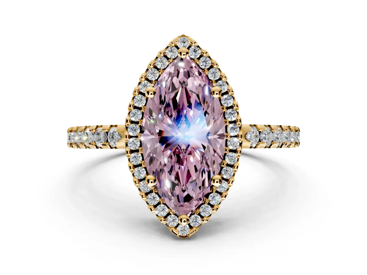 Accent Halo Engagement Ring Setting for Fancy Pink Marquise Center with Full-Length Pave Band and Prong Head in Yellow Gold