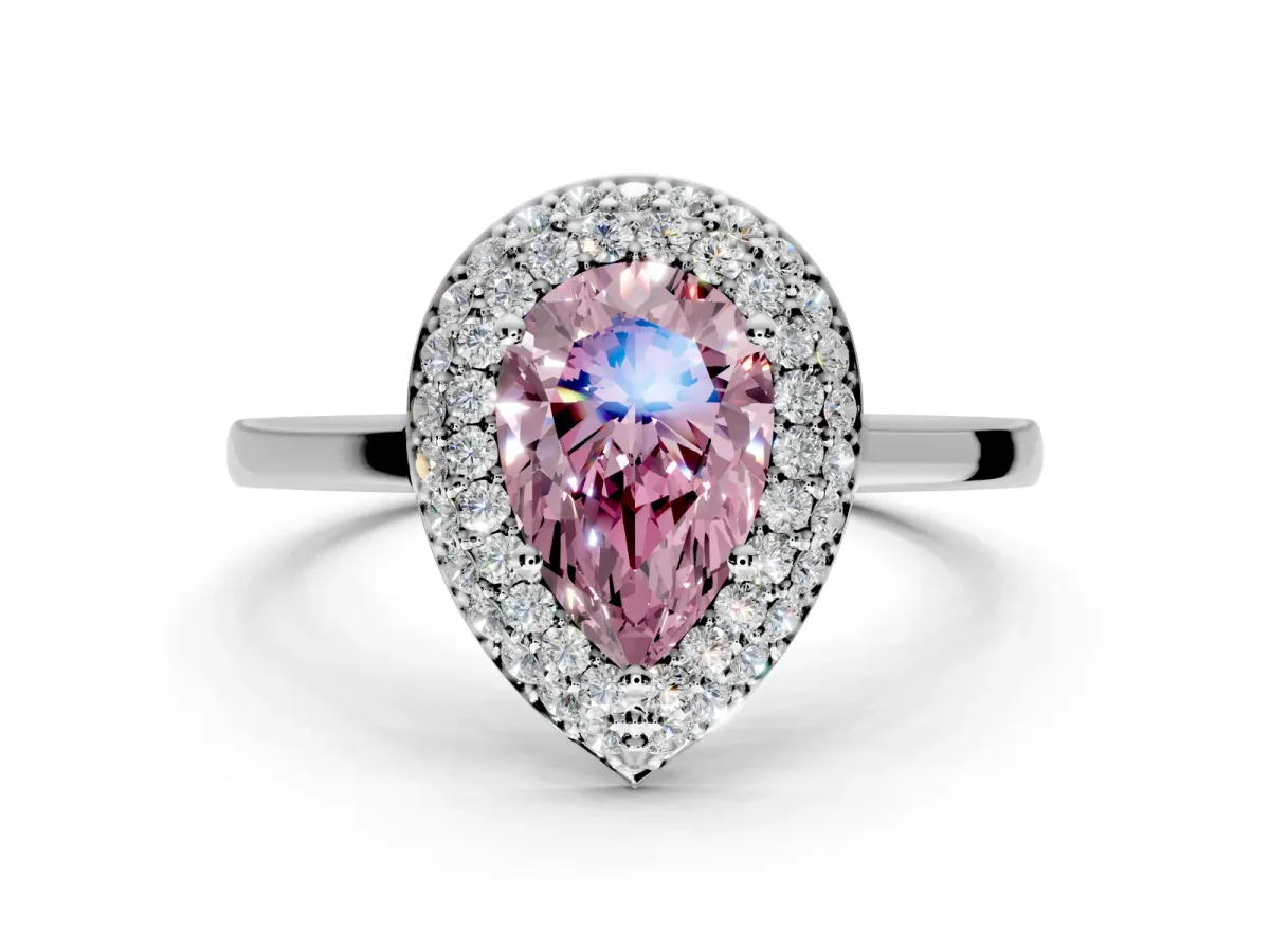 Halo Engagement Ring Setting for Fancy Pink Pear-Shaped Center with Plain Tapered Band and Prong Head in White Gold