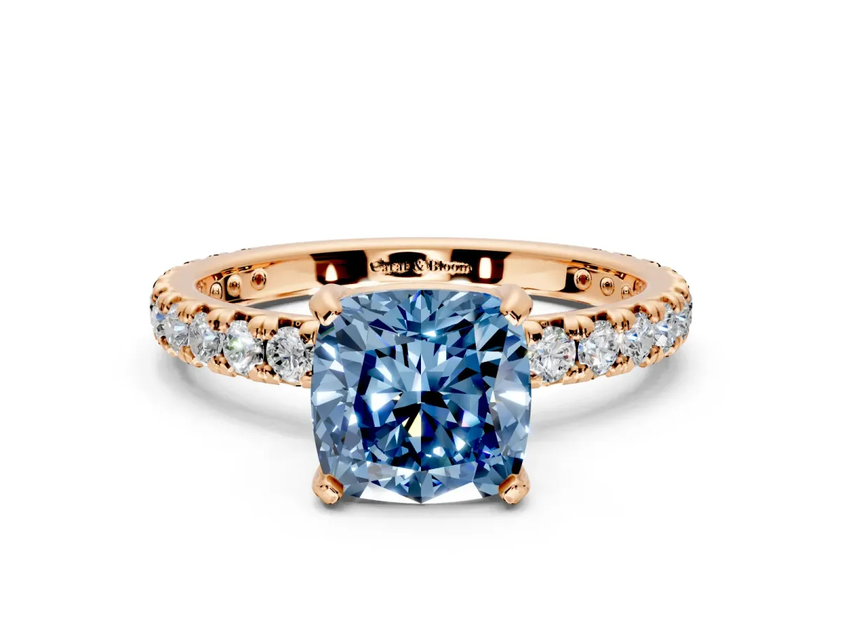 Solitaire Engagement Ring Setting for Fancy Blue Cushion Cut Center with Shared-Prong Accents and Prong Head in Rose Gold