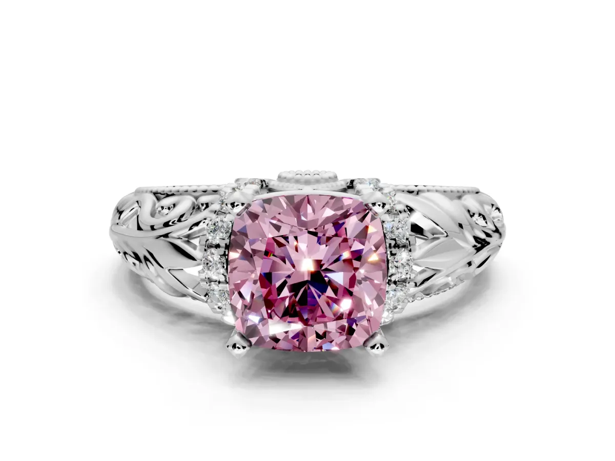 Solitaire Engagement Ring Setting for Fancy Pink Cushion Cut Center with Filigree Accent Basket and Prong Head in Platinum