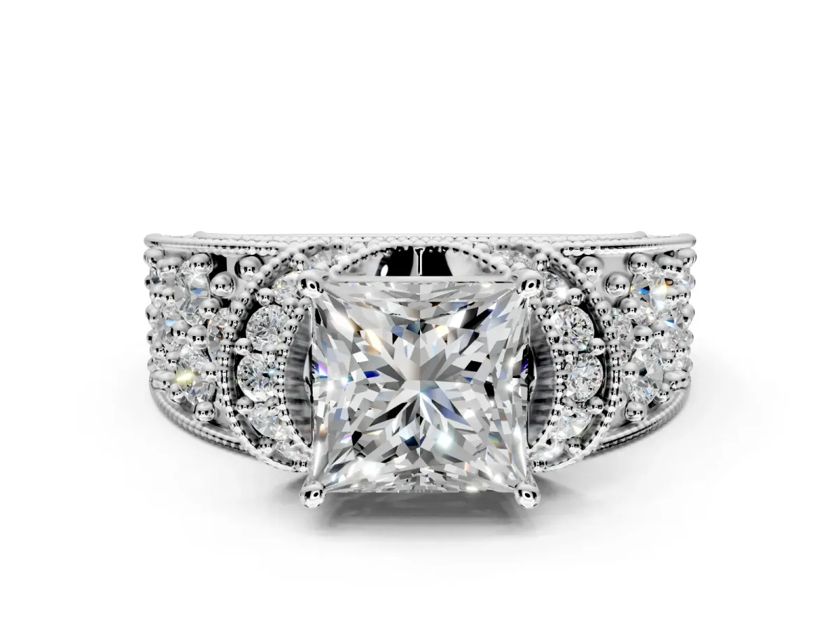 Pave Engagement Ring Setting for Princess Cut Center with Curved Accent Rows, Openwork and Prong Head in Platinum