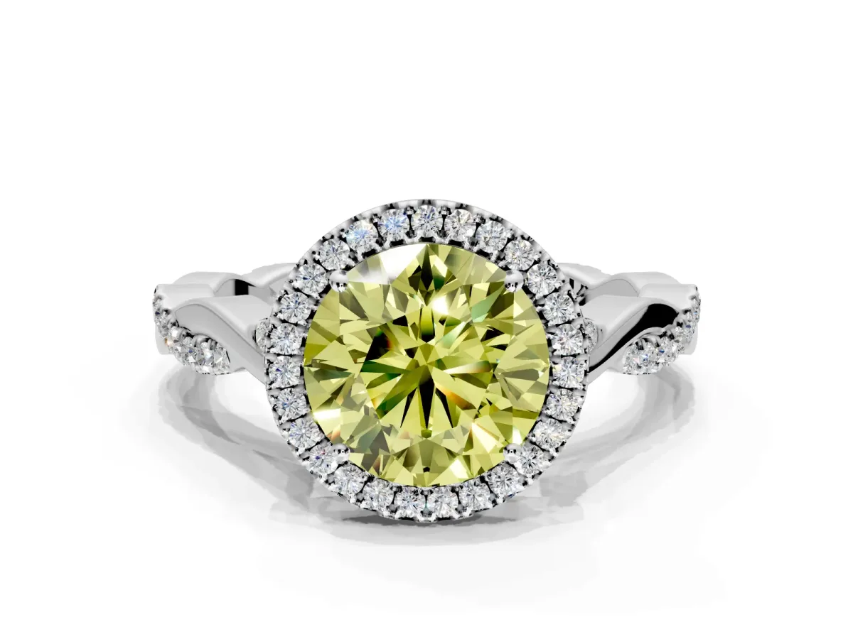 Halo Engagement Ring Setting for Fancy Yellow Round Cut Center with Twist Band and Prong Head in White Gold