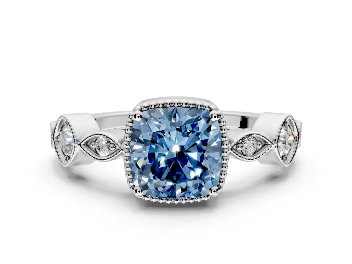 Vintage Station Engagement Ring Setting for Fancy Blue Cushion Cut Center with Accents and Prong Head in Platinum
