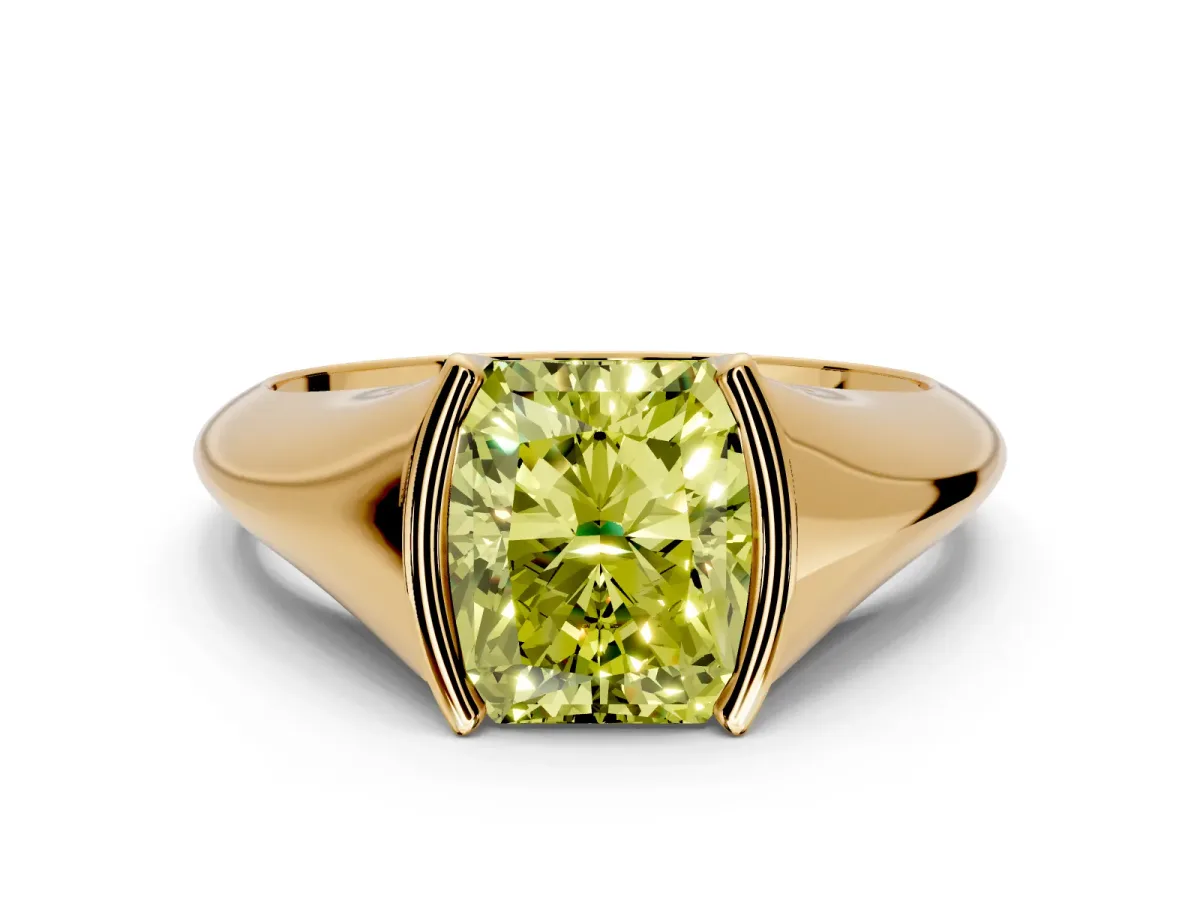 Tension Engagement Ring Setting for Fancy Yellow Radiant Cut Center with Wide Tapered Band and Tension Head in Yellow Gold