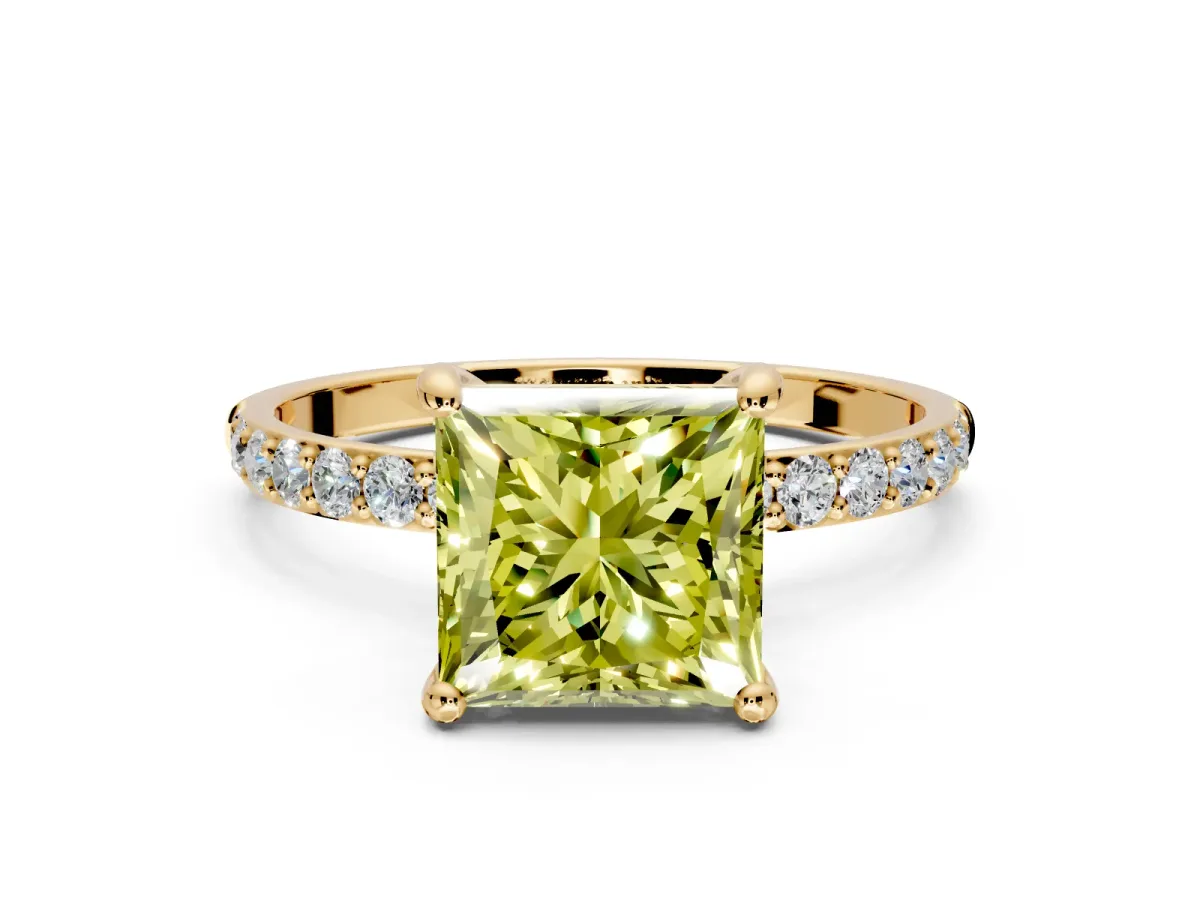 Solitaire Engagement Ring Setting for Fancy Yellow Princess Cut Center with Pave Accents and Prong Head in Yellow Gold