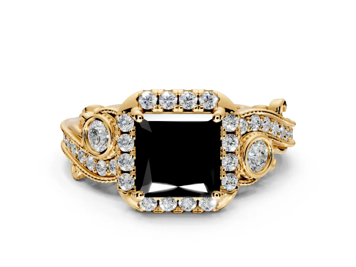 Bypass Halo Engagement Ring Setting for Fancy Black Princess Cut Center with Bezel Accents, Milgrain and Prong Head in Yellow Gold