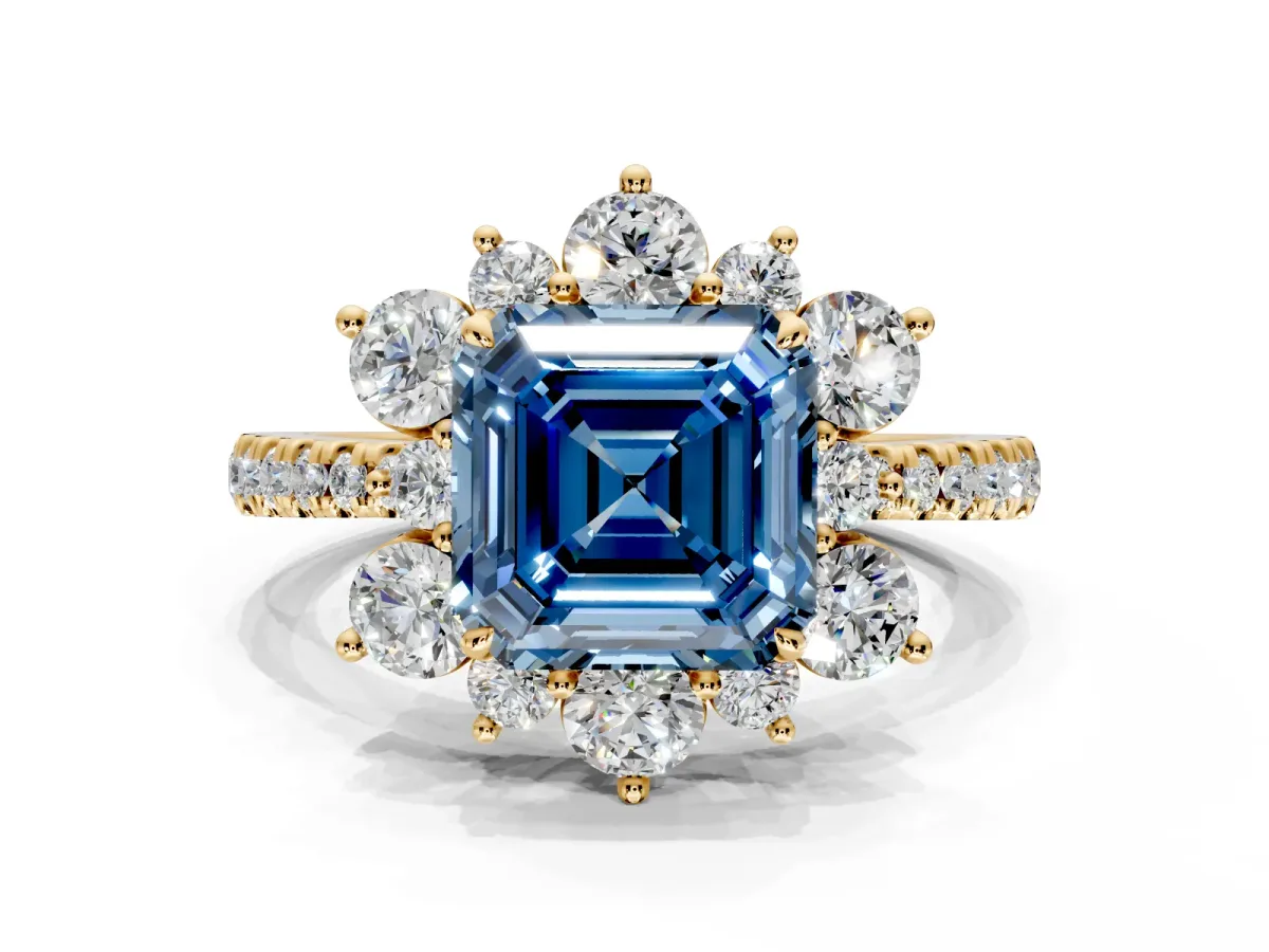 Floral Halo Engagement Ring Setting for Fancy Blue Asscher Cut Center with Pave Accents and Prong Head in Yellow Gold