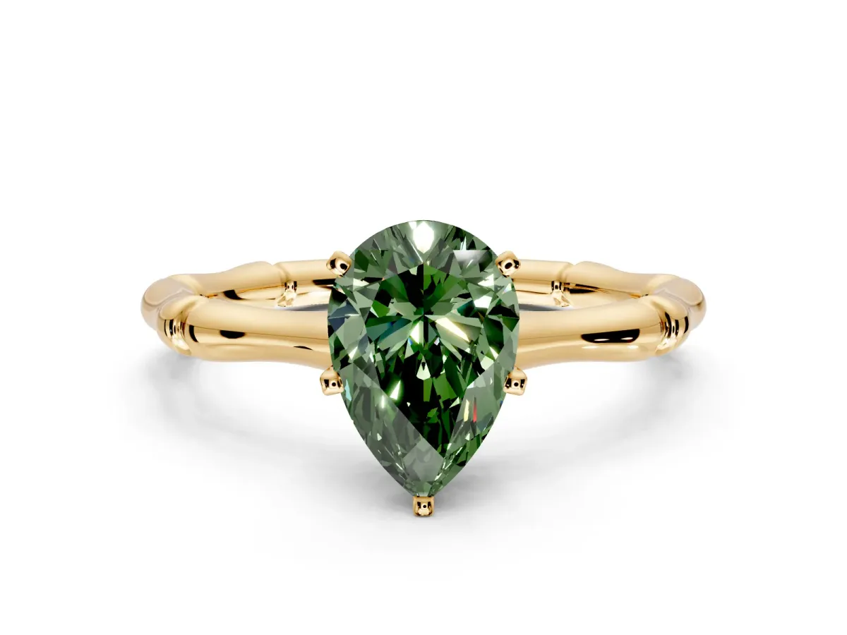 Solitaire Engagement Ring Setting for Fancy Green Pear-Shaped Center with Bamboo Band and Prong Head in Yellow Gold