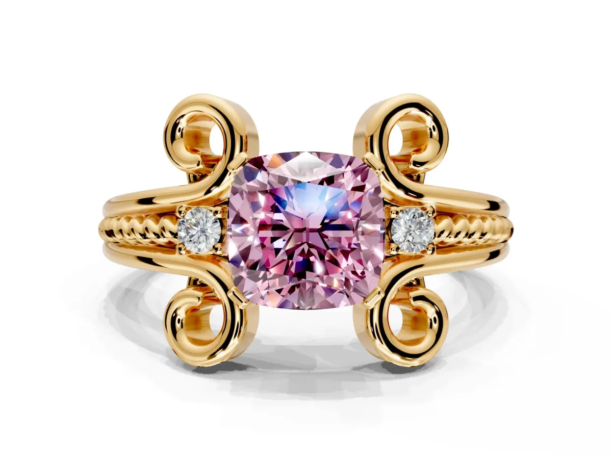 Solitaire Engagement Ring Setting for Fancy Pink Cushion Cut Center with Twisted Band and Scroll Prong Head in Yellow Gold