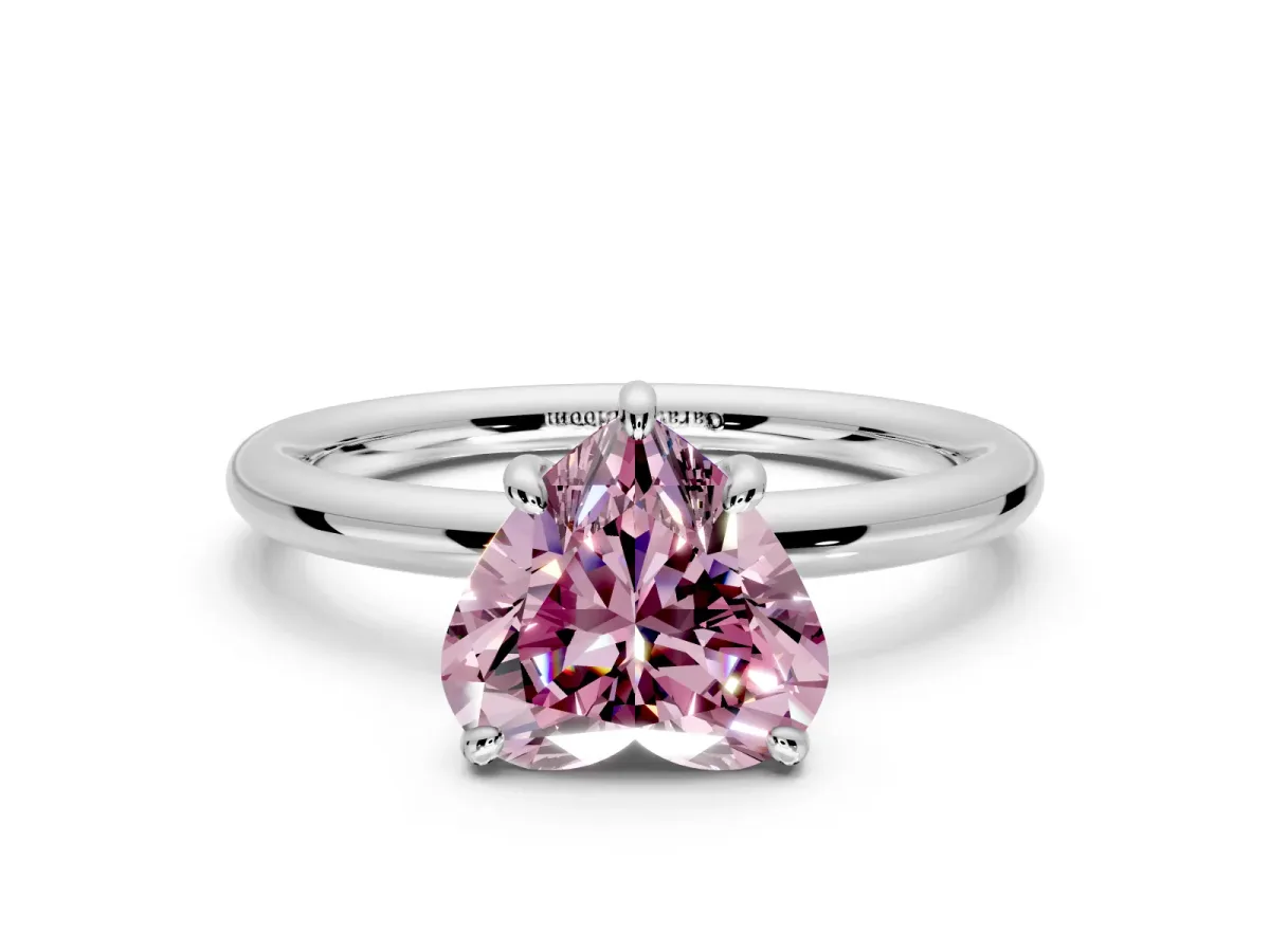 Low-Set Solitaire Engagement Ring Setting for Fancy Pink Heart-Shaped Center with Thin Plain Band and Prong Head in Platinum