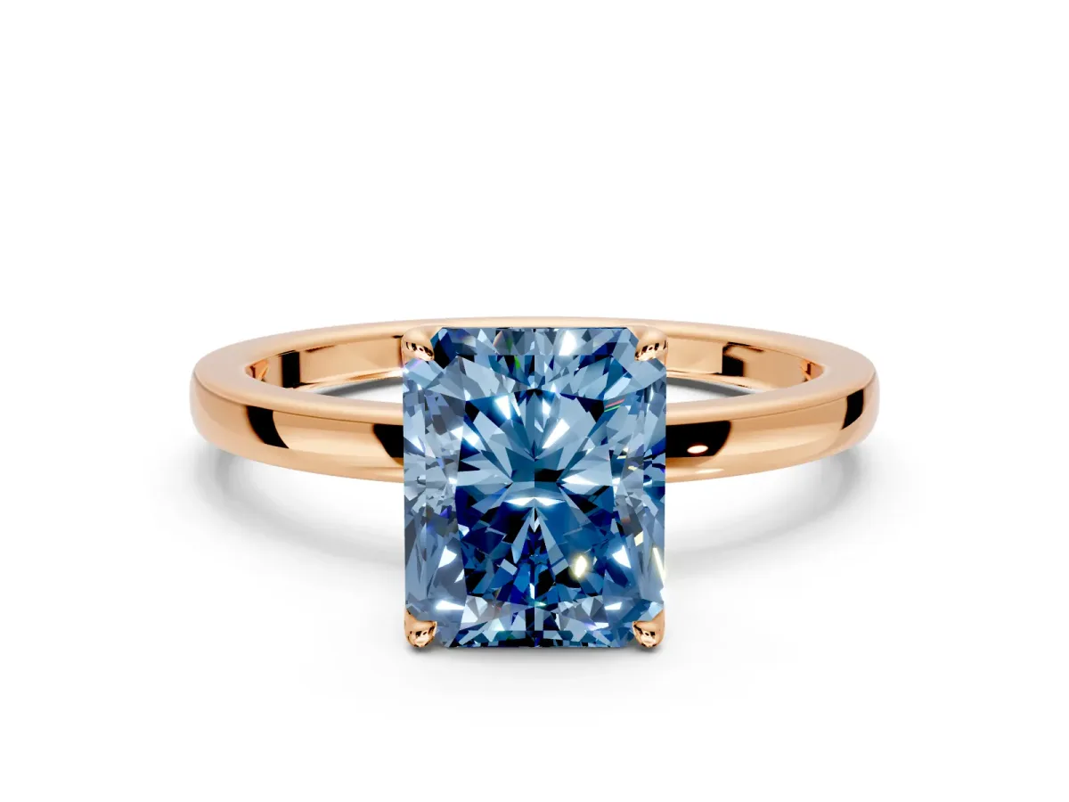 Solitaire Engagement Ring Setting for Fancy Blue Radiant Cut Center with Thin Rounded Plain Band and Prong Head in Rose Gold