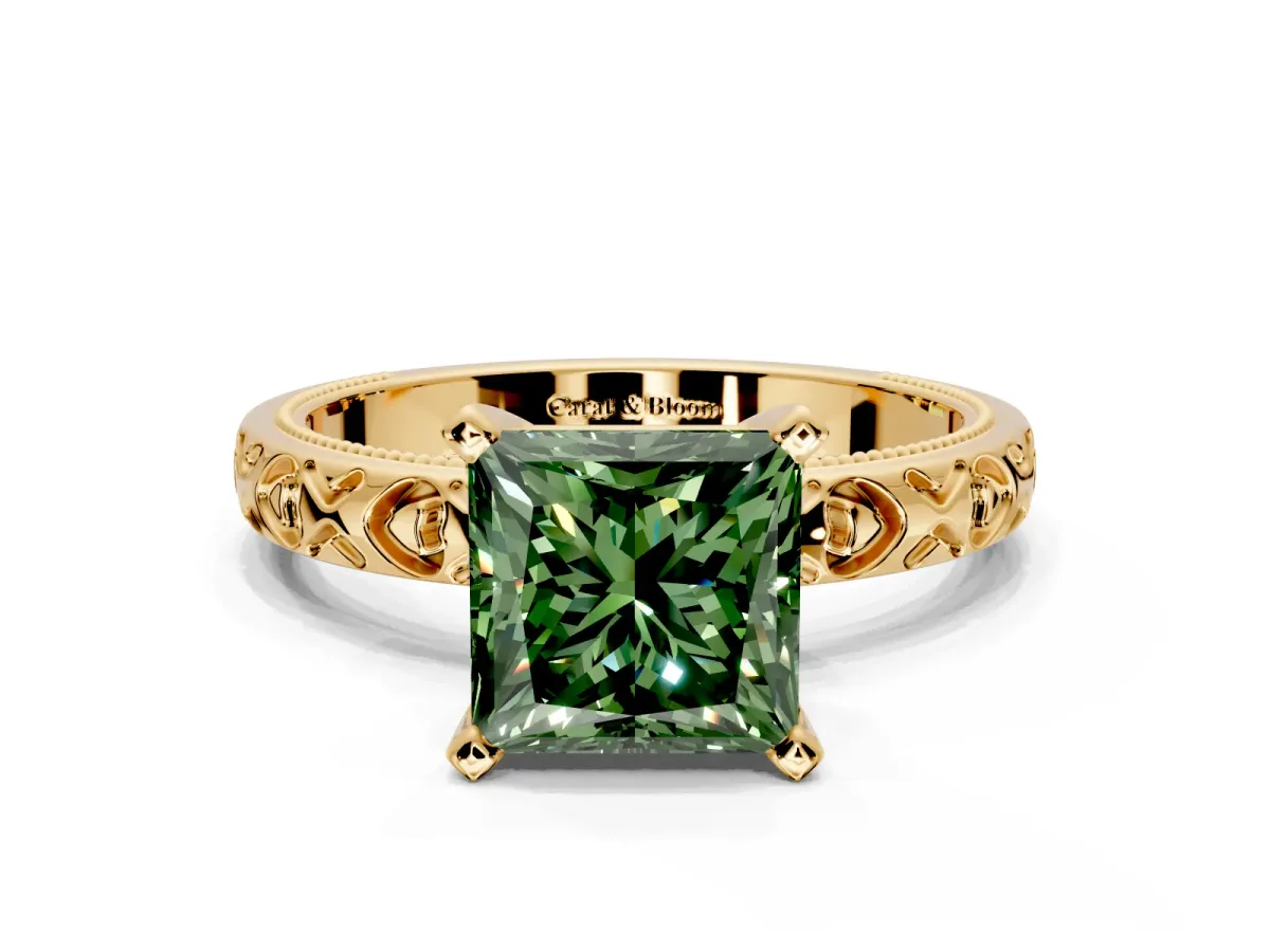 Solitaire Engagement Ring Setting for Fancy Green Princess Cut Center with XO Engraved Band and Prong Head in Yellow Gold
