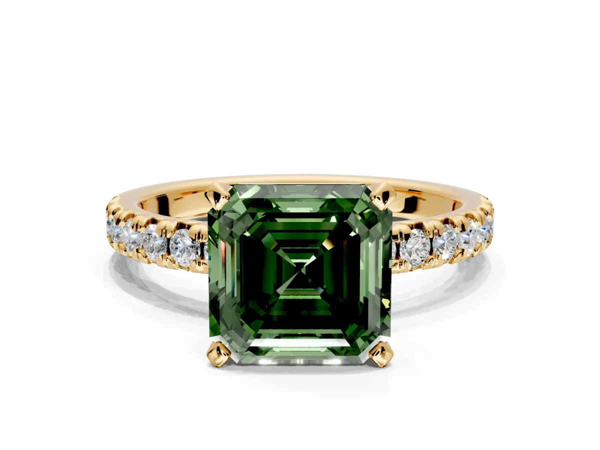 Solitaire Engagement Ring Setting for Fancy Green Asscher Cut Center with Large Accents and Prong Head in Yellow Gold