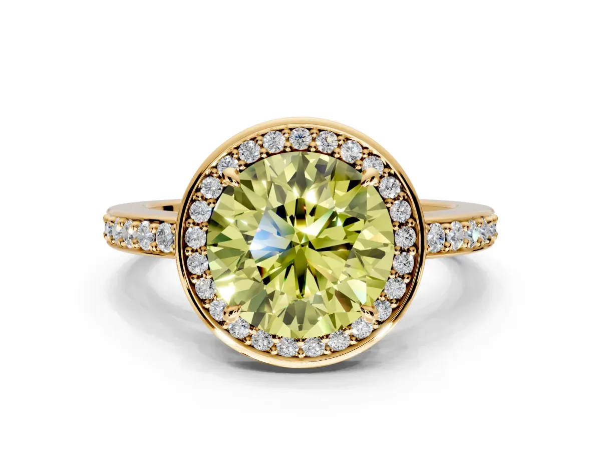 Halo Engagement Ring Setting for Fancy Yellow Round Cut Center with Metal-Rimmed Halo, Pave Band and Prong Head in Yellow Gold