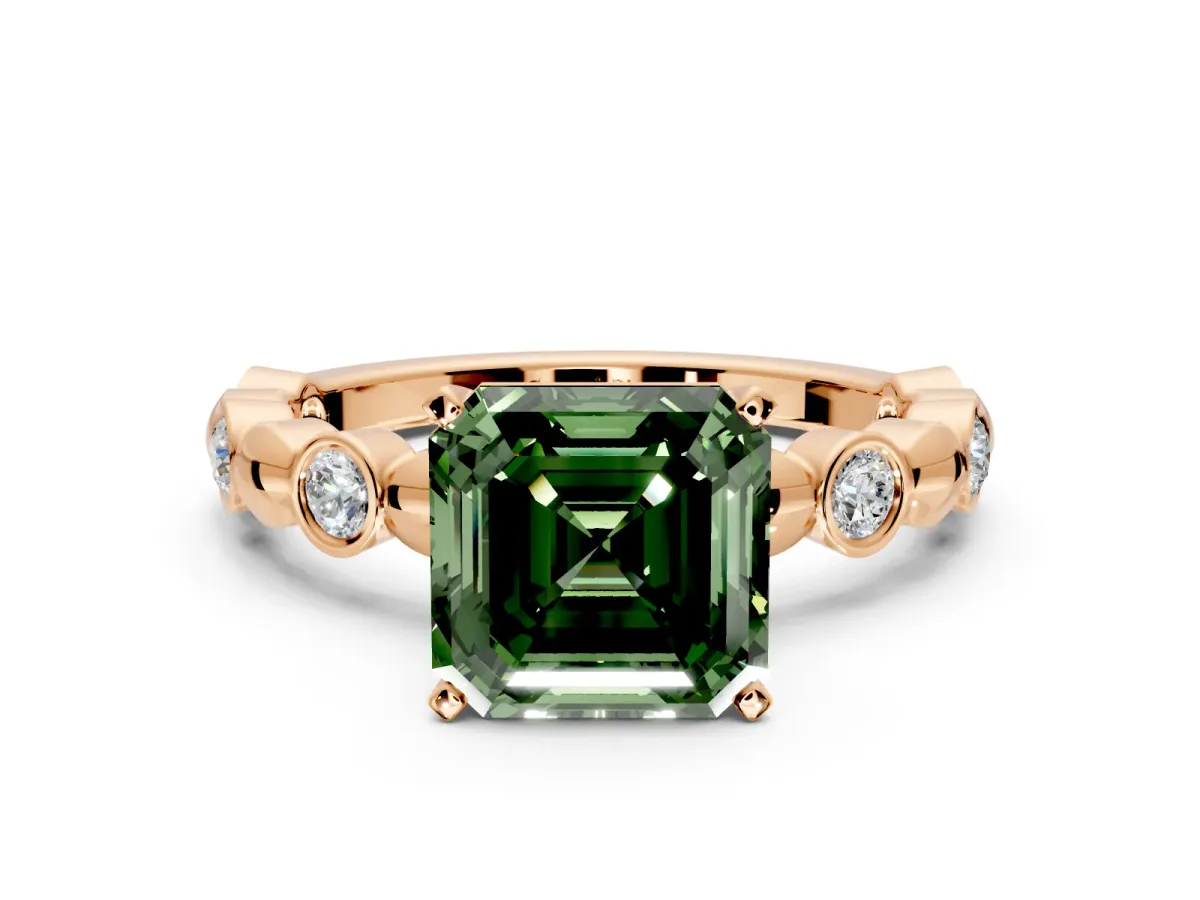 Solitaire Engagement Ring Setting for Fancy Green Asscher Cut Center with Beaded Bezel Station Band and Prong Head in Rose Gold