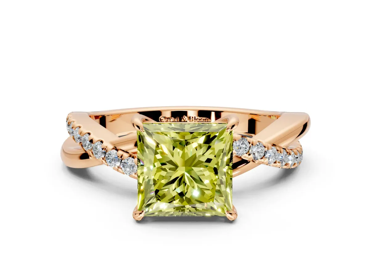 Crossover Engagement Ring Setting for Fancy Yellow Princess Cut Center with Pave and Plain Strands and Prong Head in Rose Gold