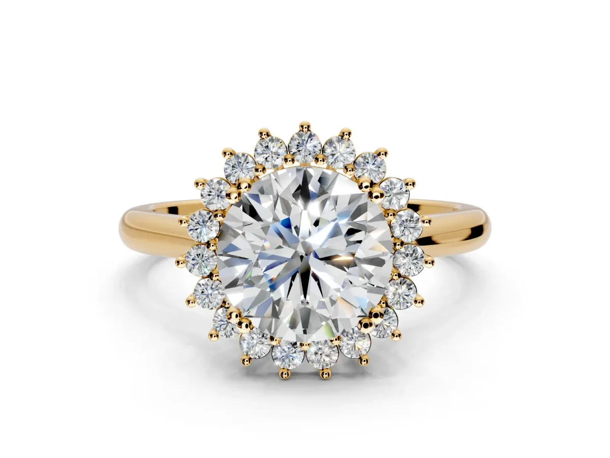Starburst Halo Engagement Ring Setting for Round Cut Center with Thin Round-Wire Band and Prong Head in Yellow Gold