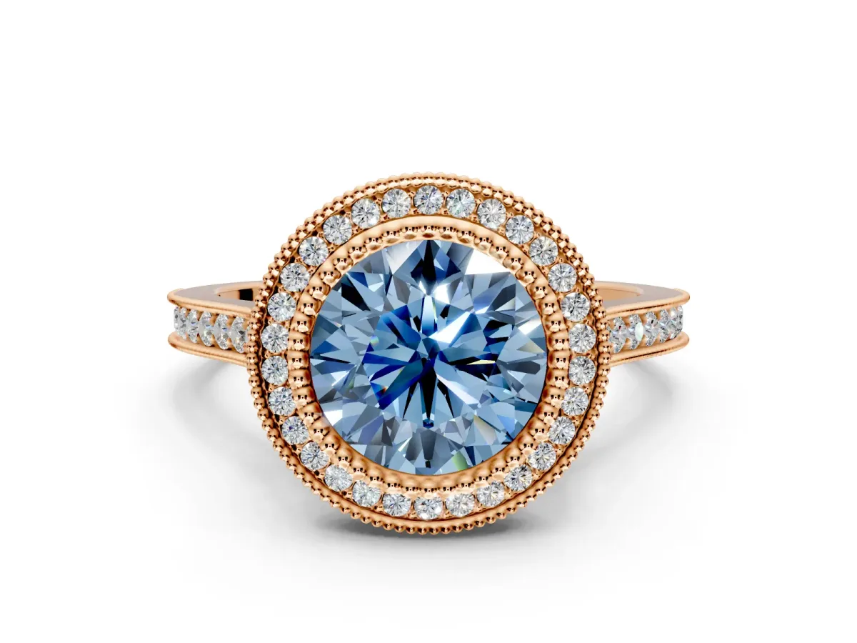 Halo Engagement Ring Setting for Fancy Blue Round Cut Center with Milgrain Frame, Pave Band and Prong Head in Rose Gold
