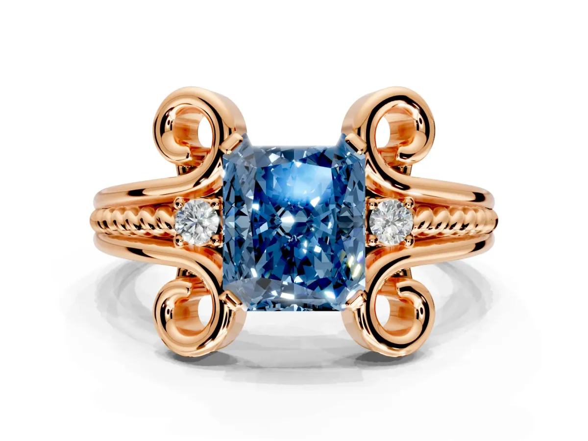 Solitaire Engagement Ring Setting for Fancy Blue Radiant Cut Center with Twisted Band and Scroll Prong Head in Rose Gold