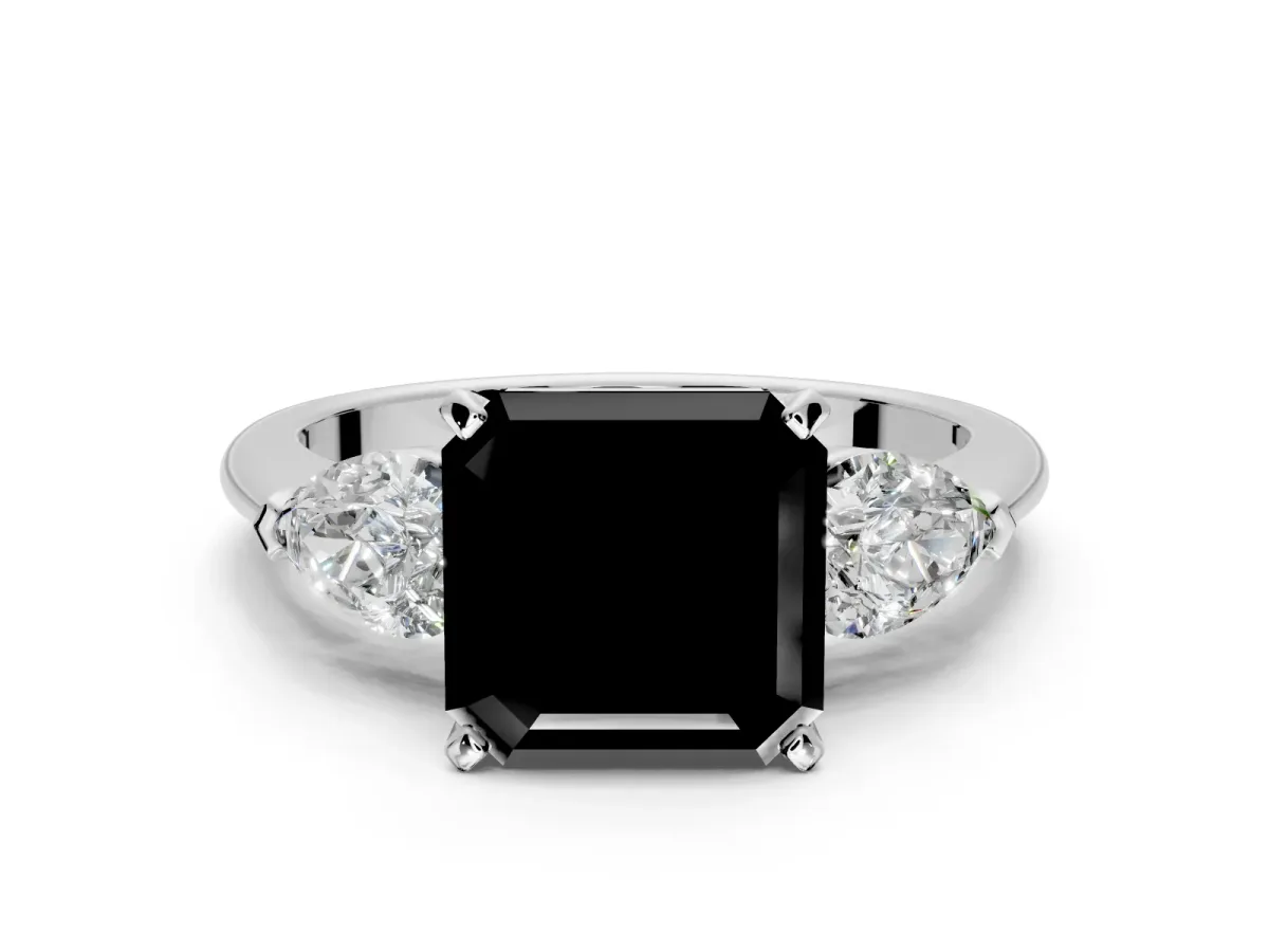 3 Stone Engagement Ring Setting for Fancy Black Asscher Cut Center with Large Pear-Shaped Accents and Prong Head in Platinum
