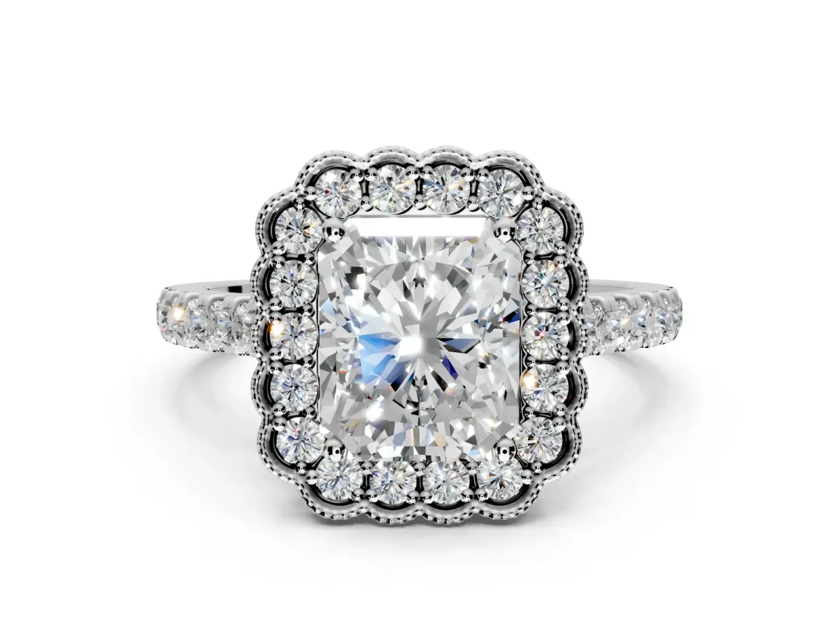 Milgrain Floral Halo Engagement Ring Setting for Radiant Cut Center with Pave Band and Prong Head in Platinum