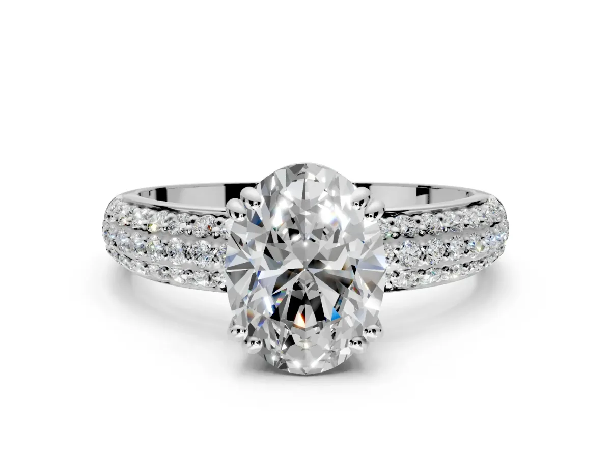 Solitaire Engagement Ring Setting for Oval Center with Multi-Row Pave Accents and Basket Head in Platinum