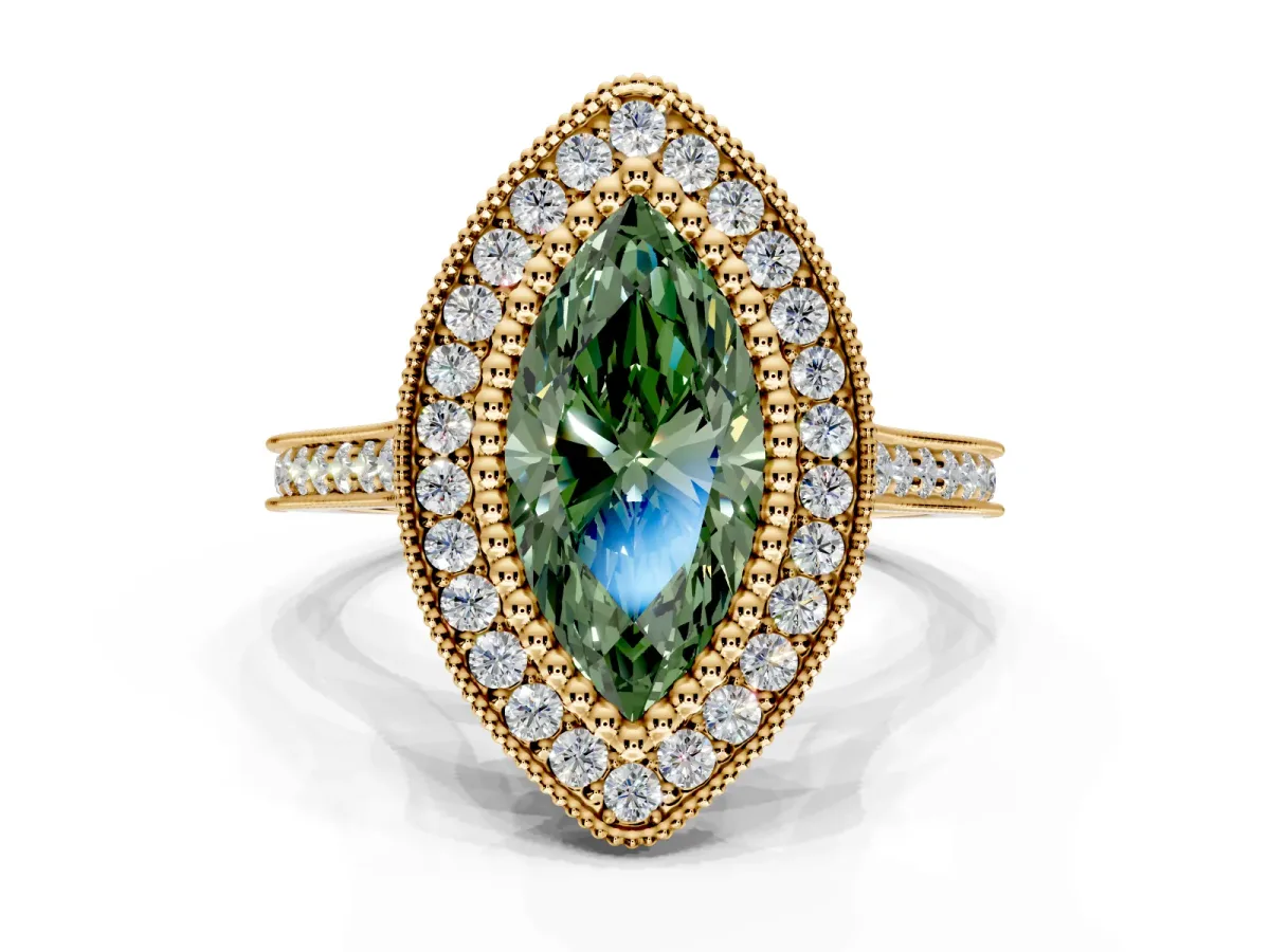 Halo Engagement Ring Setting for Fancy Green Marquise Center with Milgrain Frame, Pave Band and Prong Head in Yellow Gold