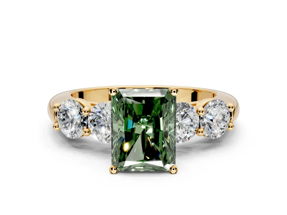 5 Stone Engagement Ring Setting for Fancy Green Radiant Cut Center with Graduated Accents and Prong Head in Yellow Gold