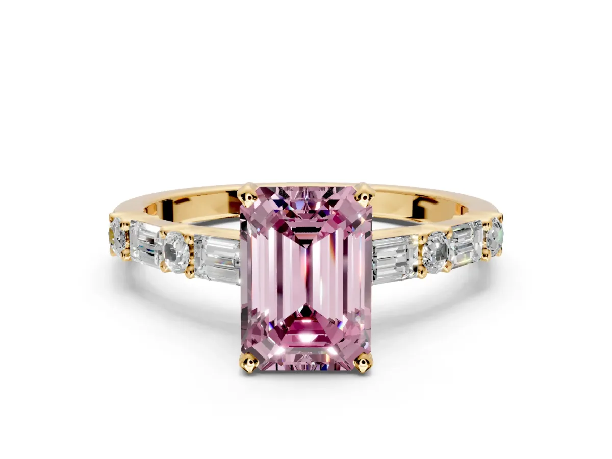 Baguette Engagement Ring Setting for Fancy Pink Emerald Cut Center with Alternating Bar-Set Band and Prong Head in Yellow Gold