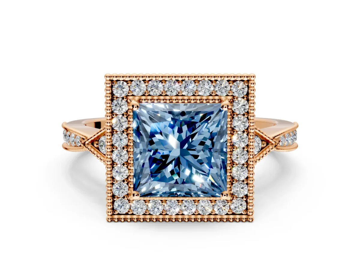 Halo Engagement Ring Setting for Fancy Blue Princess Cut Center with Milgrain Rim, Pave Band and Prong Head in Rose Gold