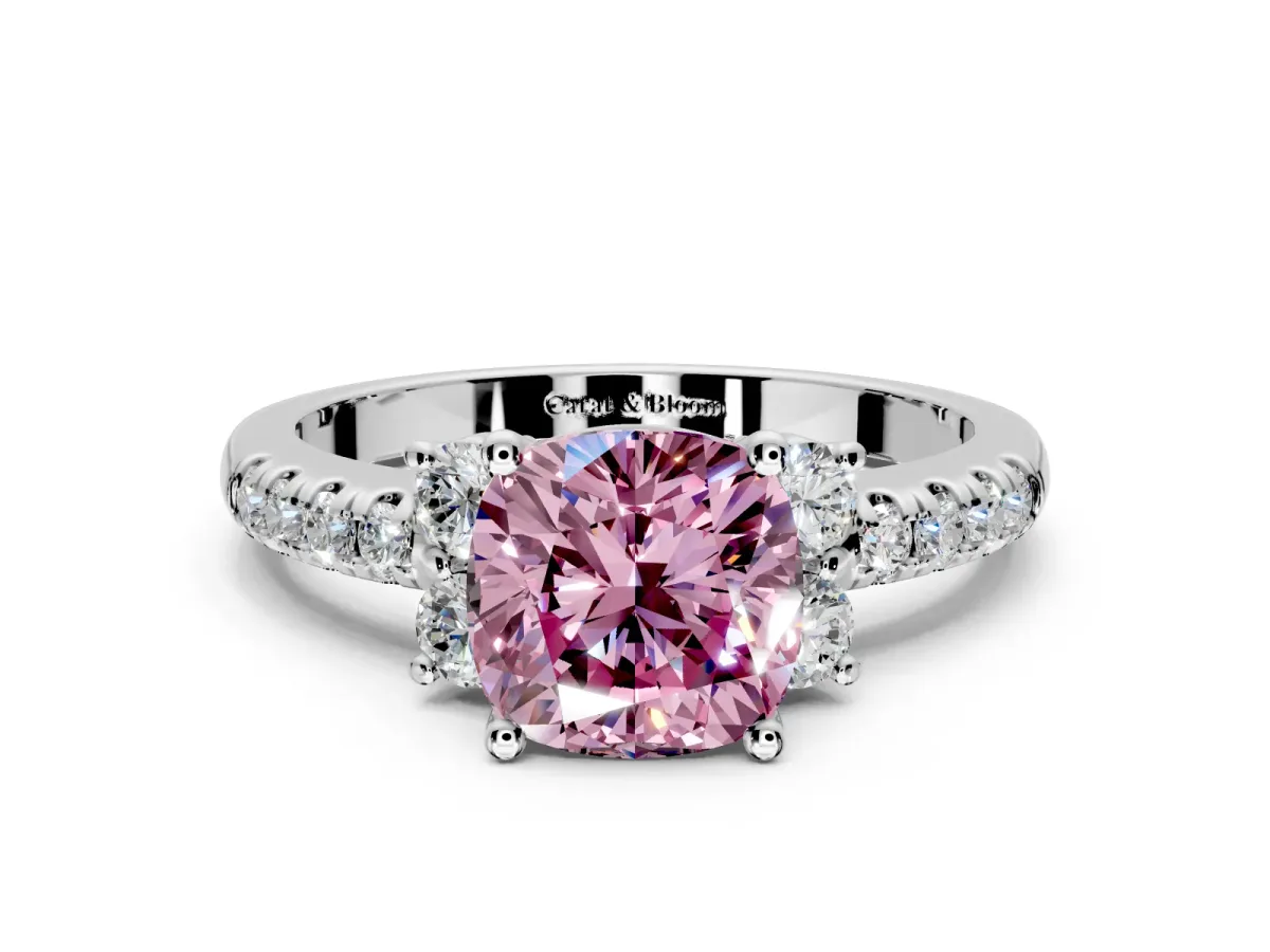 Paired Accent Engagement Ring Setting for Fancy Pink Cushion Cut Center with Pave Band and Prong Head in Platinum