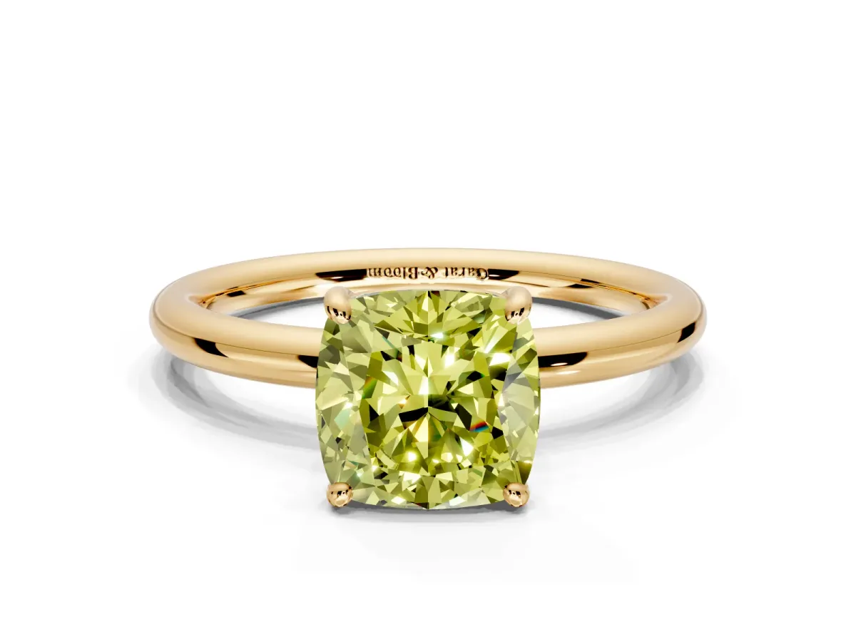 Low-Set Solitaire Engagement Ring Setting for Fancy Yellow Cushion Cut Center with Thin Plain Band and Prong Head in Yellow Gold