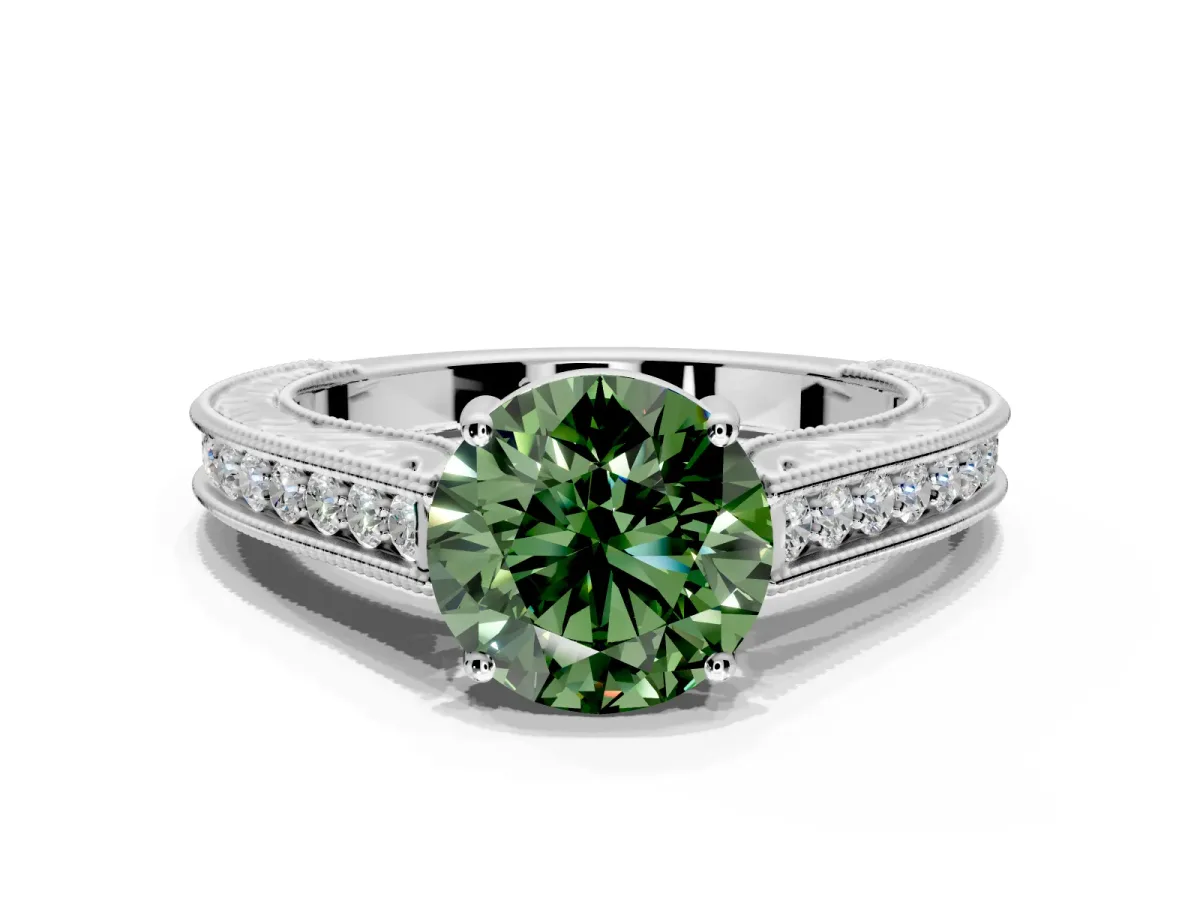 Solitaire Engagement Ring Setting for Fancy Green Round Cut Center with Engraved Pave Band and Prong Head in Sterling Silver